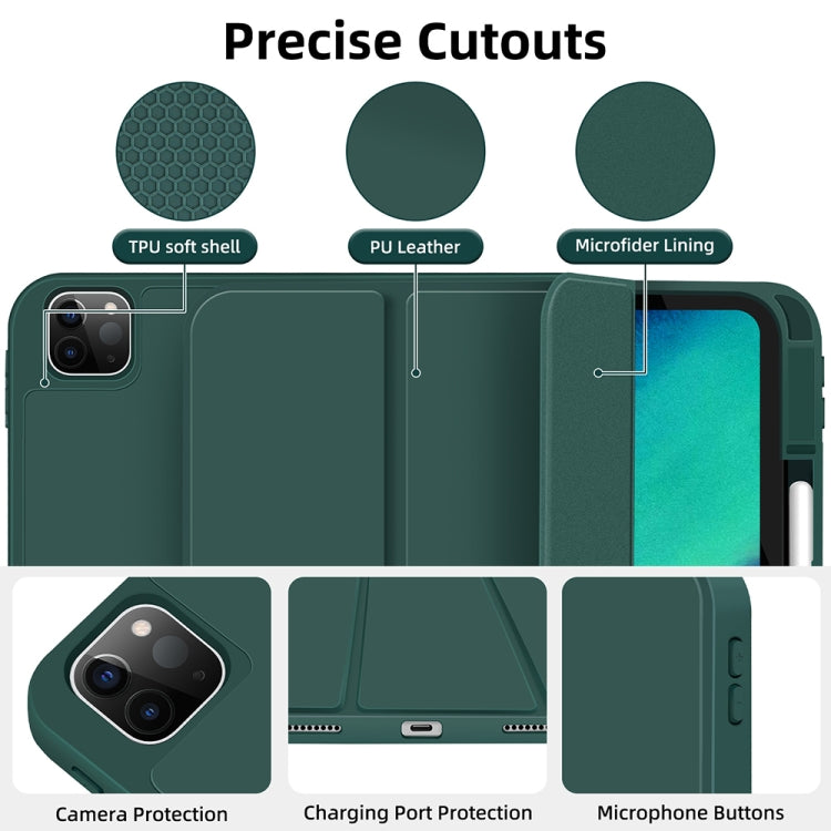 For iPad Pro 11 2024 3-fold TPU Smart Leather Tablet Case with Pen Slot(Dark Green)