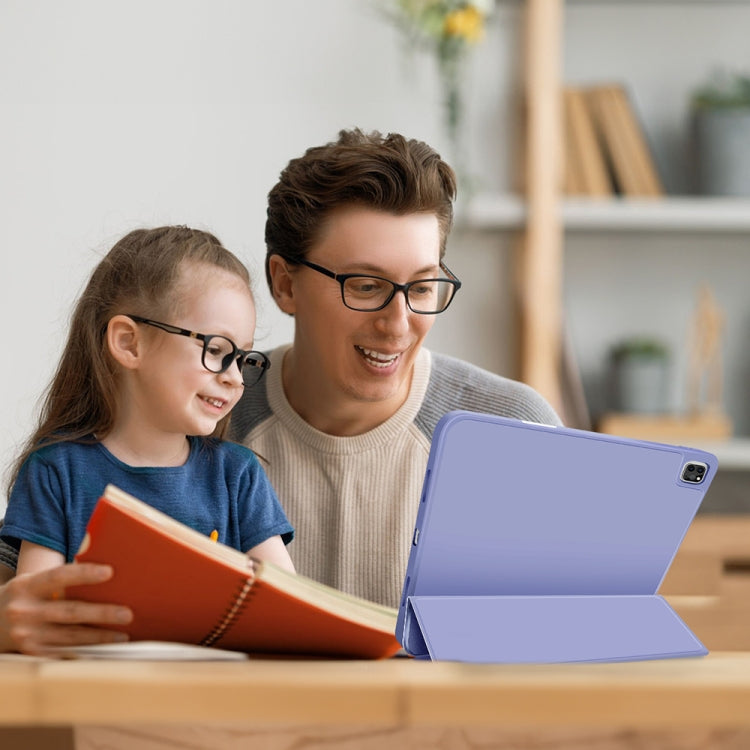 For iPad Pro 11 2024 3-fold TPU Smart Leather Tablet Case with Pen Slot(Lavender Purple)