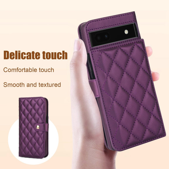 For Google Pixel 6a Crossbody Multifunction Rhombic Leather Phone Case(Dark Purple)