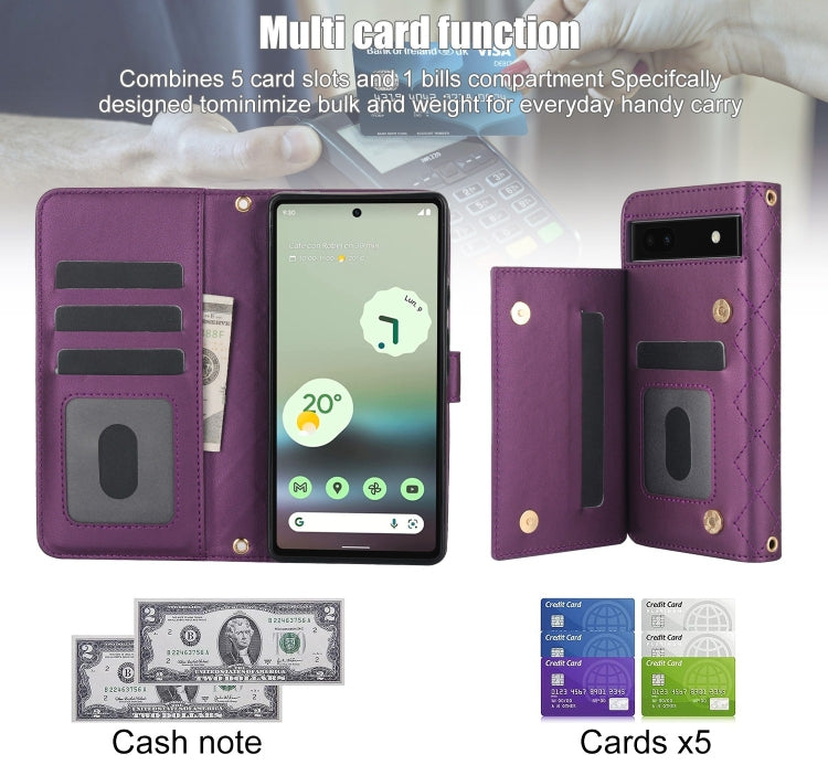 For Google Pixel 6a Crossbody Multifunction Rhombic Leather Phone Case(Dark Purple)