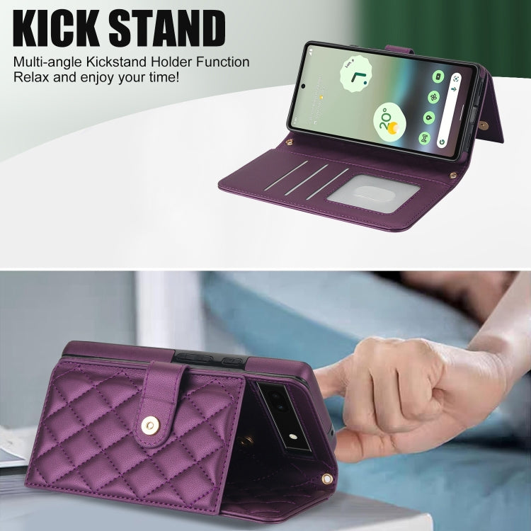 For Google Pixel 6a Crossbody Multifunction Rhombic Leather Phone Case(Dark Purple)