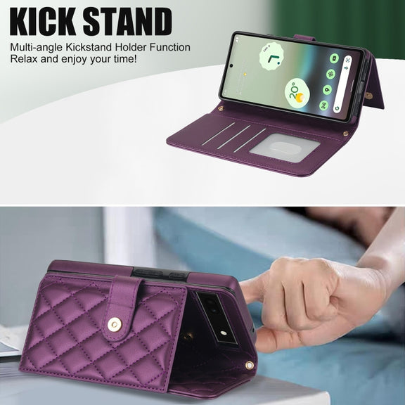 For Google Pixel 6a Crossbody Multifunction Rhombic Leather Phone Case(Dark Purple)