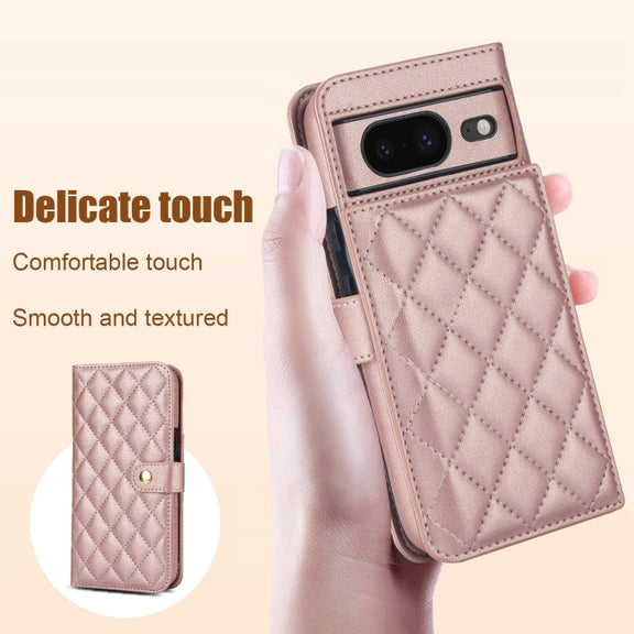 For Google Pixel 8 Crossbody Multifunction Rhombic Leather Phone Case(Rose Gold)