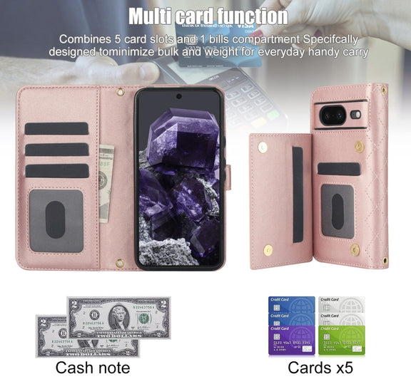 For Google Pixel 8 Crossbody Multifunction Rhombic Leather Phone Case(Rose Gold)