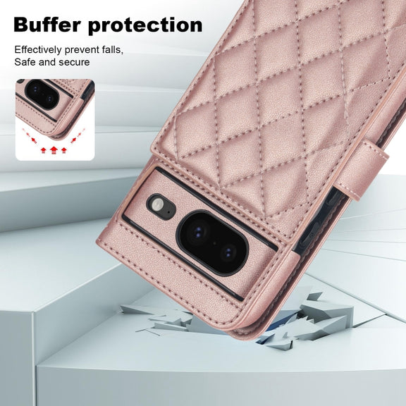 For Google Pixel 8 Crossbody Multifunction Rhombic Leather Phone Case(Rose Gold)