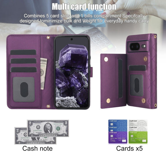 For Google Pixel 8 Crossbody Multifunction Rhombic Leather Phone Case(Dark Purple)