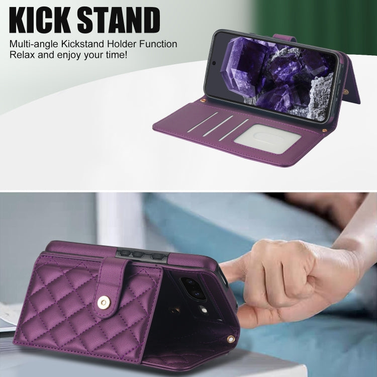 For Google Pixel 8 Crossbody Multifunction Rhombic Leather Phone Case(Dark Purple)