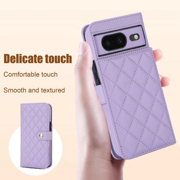 For Google Pixel 8 Crossbody Multifunction Rhombic Leather Phone Case(Purple)