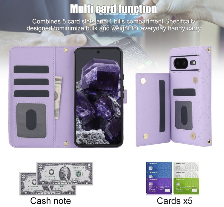 For Google Pixel 8 Crossbody Multifunction Rhombic Leather Phone Case(Purple)