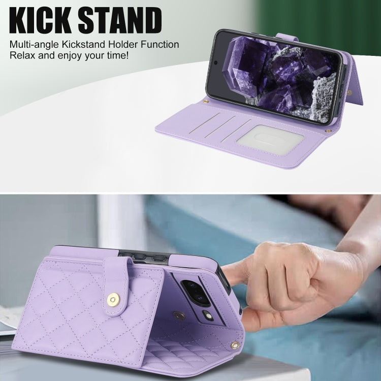 For Google Pixel 8 Crossbody Multifunction Rhombic Leather Phone Case(Purple)