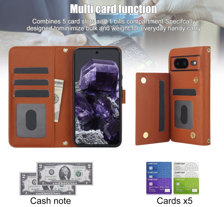 For Google Pixel 8 Crossbody Multifunction Rhombic Leather Phone Case(Brown)
