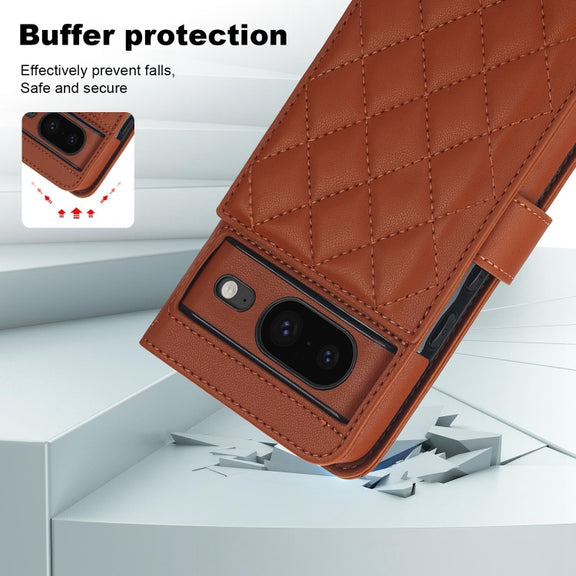 For Google Pixel 8 Crossbody Multifunction Rhombic Leather Phone Case(Brown)