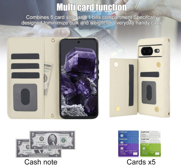 For Google Pixel 8a Crossbody Multifunction Rhombic Leather Phone Case(White)