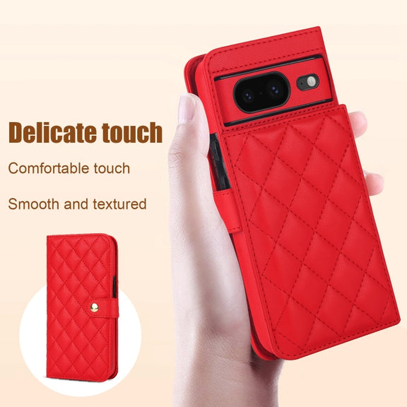 For Google Pixel 8a Crossbody Multifunction Rhombic Leather Phone Case(Red)