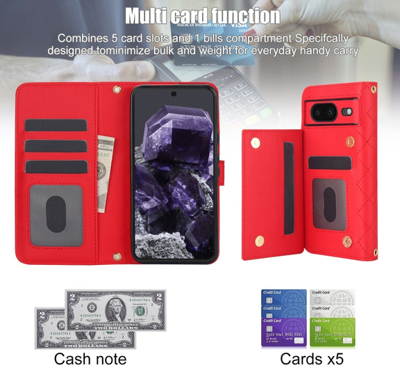 For Google Pixel 8a Crossbody Multifunction Rhombic Leather Phone Case(Red)