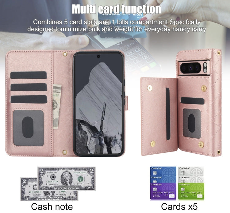 For Google Pixel 8 Pro Crossbody Multifunction Rhombic Leather Phone Case(Rose Gold)