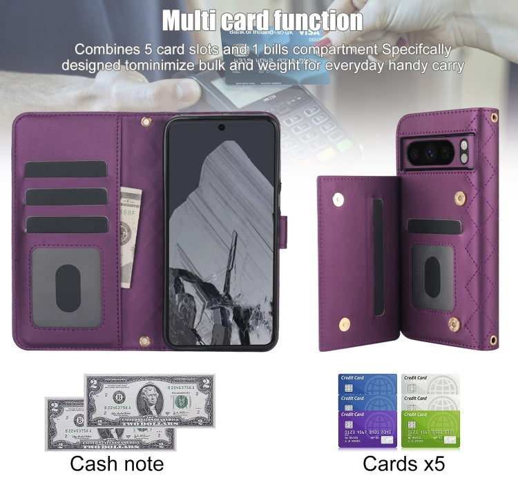 For Google Pixel 8 Pro Crossbody Multifunction Rhombic Leather Phone Case(Dark Purple)