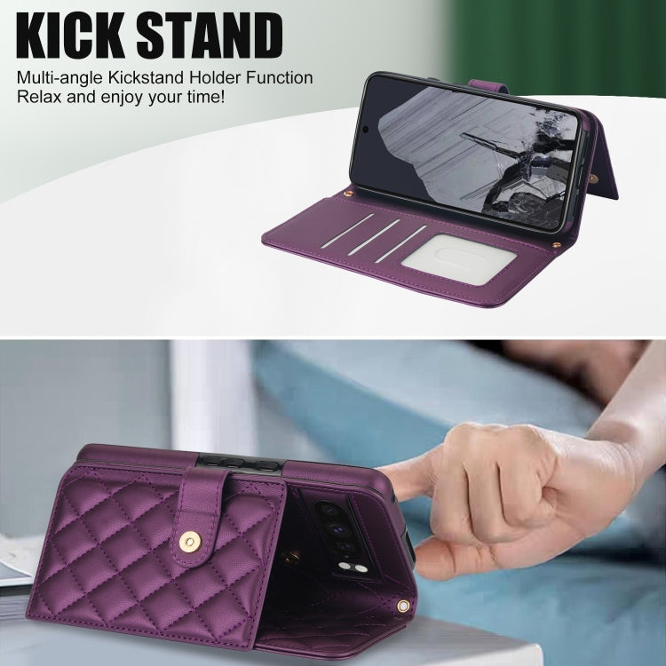 For Google Pixel 8 Pro Crossbody Multifunction Rhombic Leather Phone Case(Dark Purple)
