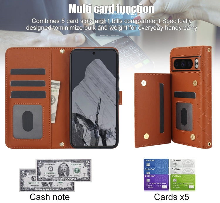 For Google Pixel 8 Pro Crossbody Multifunction Rhombic Leather Phone Case(Brown)
