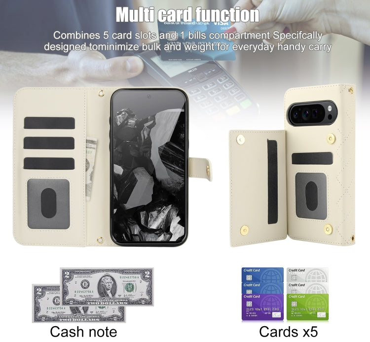 For Google Pixel 9 Crossbody Multifunction Rhombic Leather Phone Case(White)