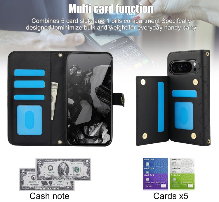 For Google Pixel 9 Crossbody Multifunction Rhombic Leather Phone Case(Black)