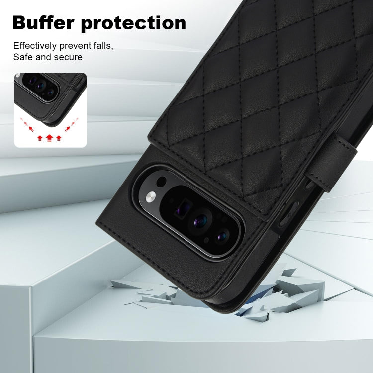 For Google Pixel 9 Crossbody Multifunction Rhombic Leather Phone Case(Black)