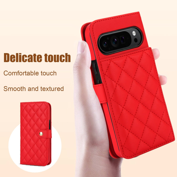 For Google Pixel 9 Crossbody Multifunction Rhombic Leather Phone Case(Red)