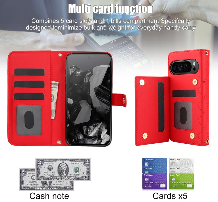 For Google Pixel 9 Crossbody Multifunction Rhombic Leather Phone Case(Red)
