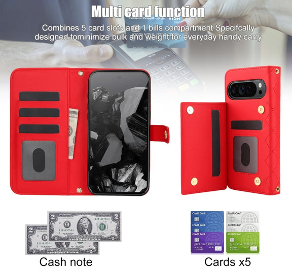 For Google Pixel 9 Crossbody Multifunction Rhombic Leather Phone Case(Red)