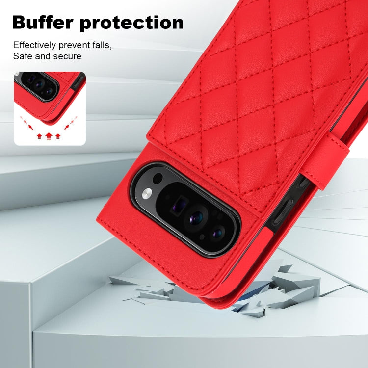 For Google Pixel 9 Crossbody Multifunction Rhombic Leather Phone Case(Red)