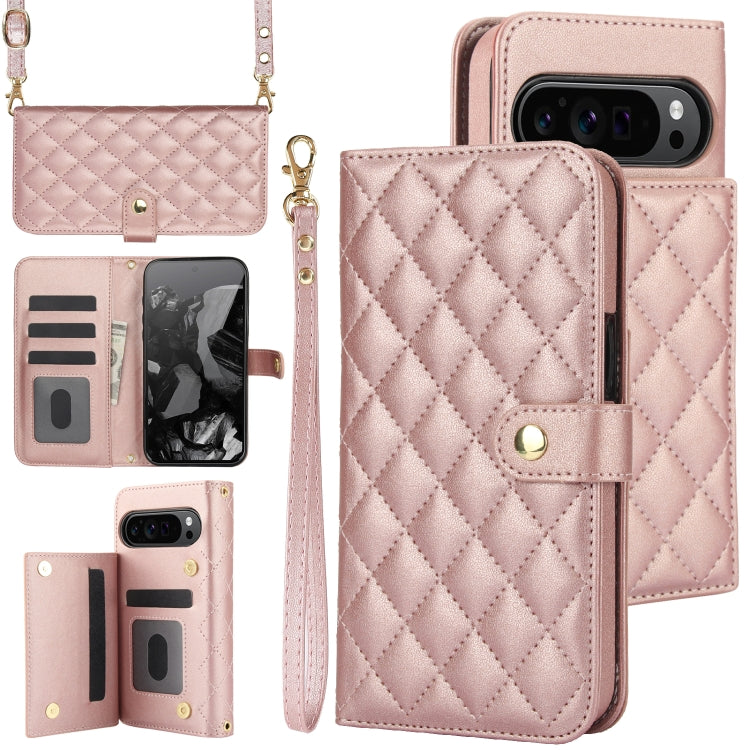 For Google Pixel 9 Crossbody Multifunction Rhombic Leather Phone Case(Rose Gold)