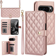 For Google Pixel 9 Crossbody Multifunction Rhombic Leather Phone Case(Rose Gold)
