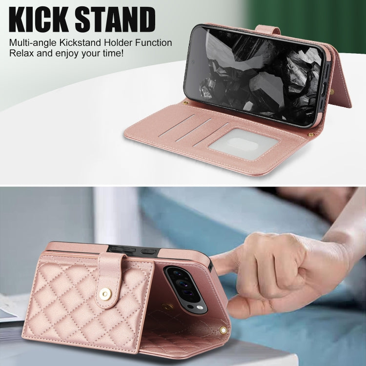 For Google Pixel 9 Crossbody Multifunction Rhombic Leather Phone Case(Rose Gold)