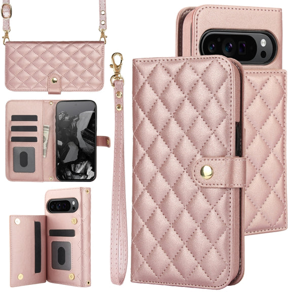 For Google Pixel 9 Crossbody Multifunction Rhombic Leather Phone Case(Rose Gold)