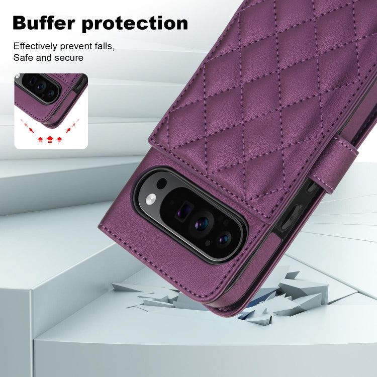 For Google Pixel 9 Crossbody Multifunction Rhombic Leather Phone Case(Dark Purple)