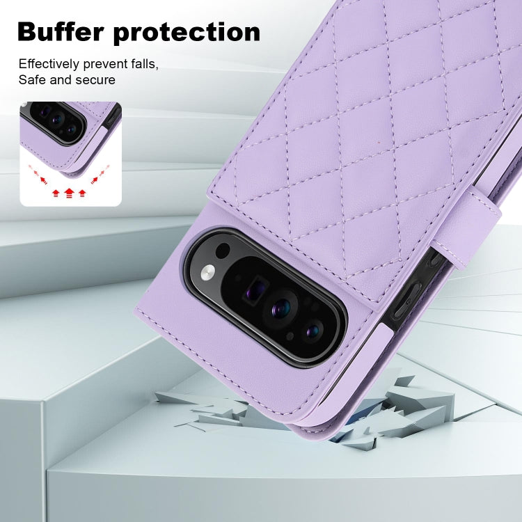For Google Pixel 9 Crossbody Multifunction Rhombic Leather Phone Case(Purple)