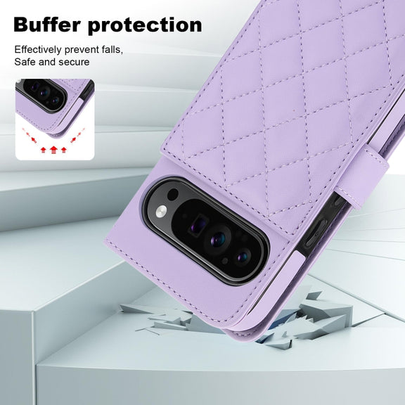 For Google Pixel 9 Crossbody Multifunction Rhombic Leather Phone Case(Purple)