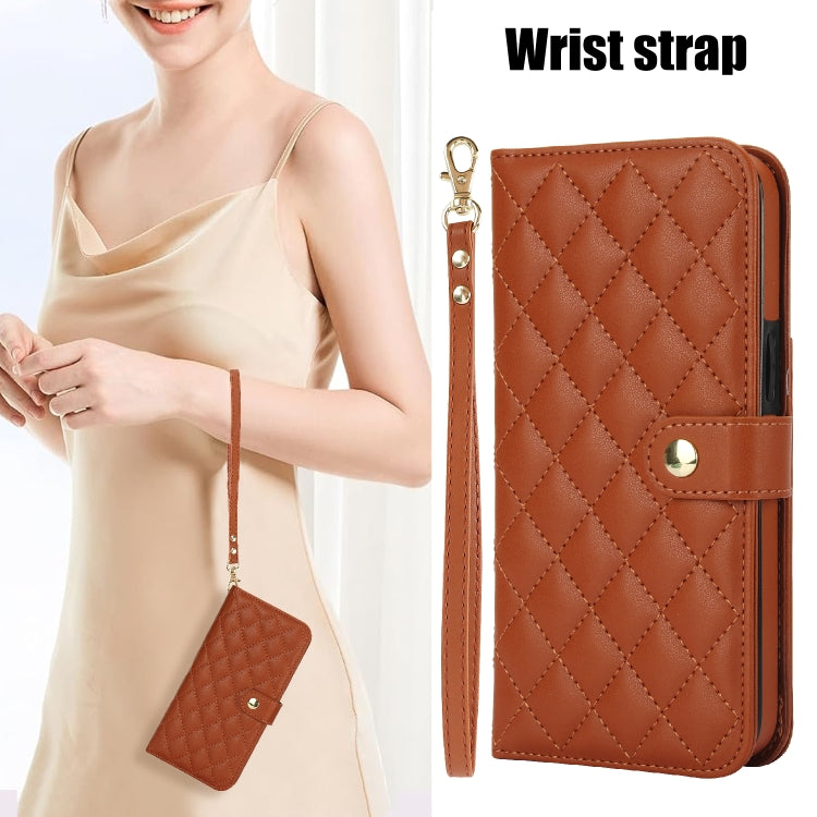 For Google Pixel 9 Crossbody Multifunction Rhombic Leather Phone Case(Brown)