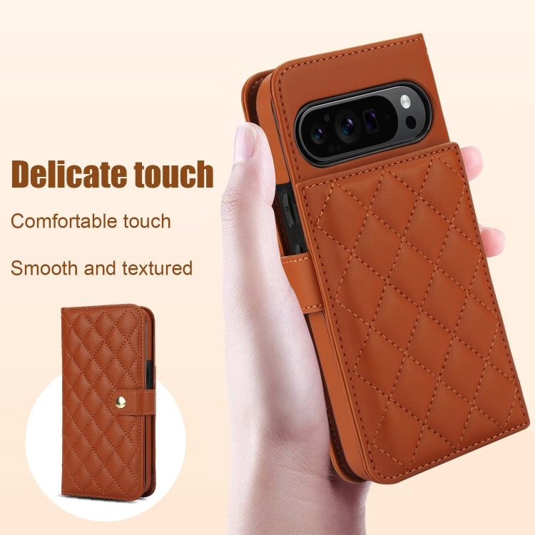 For Google Pixel 9 Crossbody Multifunction Rhombic Leather Phone Case(Brown)