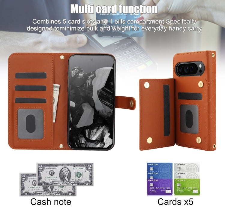 For Google Pixel 9 Crossbody Multifunction Rhombic Leather Phone Case(Brown)