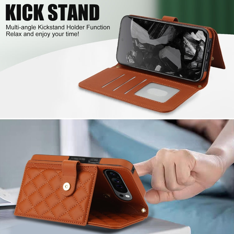For Google Pixel 9 Crossbody Multifunction Rhombic Leather Phone Case(Brown)