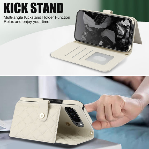 For Google Pixel 9 Pro XL Crossbody Multifunction Rhombic Leather Phone Case(White)