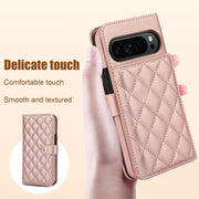 For Google Pixel 9 Pro XL Crossbody Multifunction Rhombic Leather Phone Case(Rose Gold)