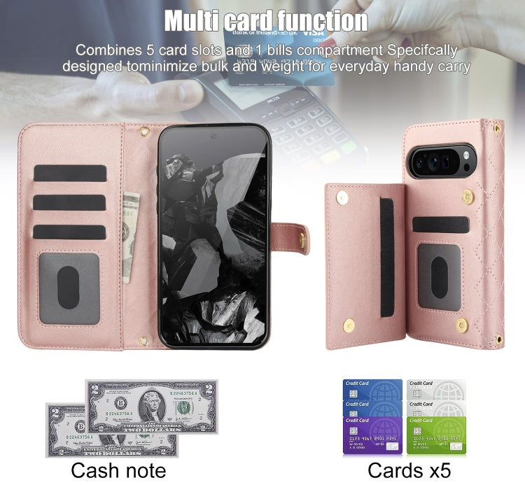 For Google Pixel 9 Pro XL Crossbody Multifunction Rhombic Leather Phone Case(Rose Gold)
