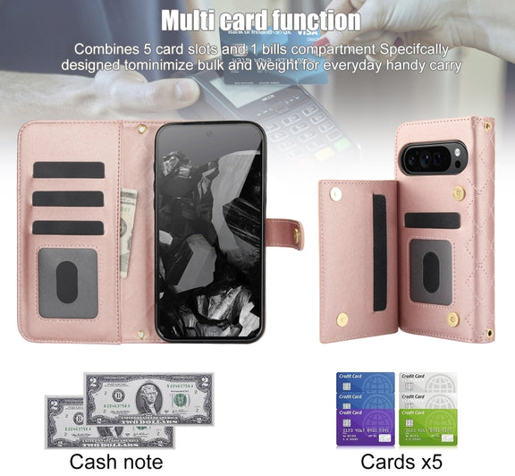 For Google Pixel 9 Pro XL Crossbody Multifunction Rhombic Leather Phone Case(Rose Gold)