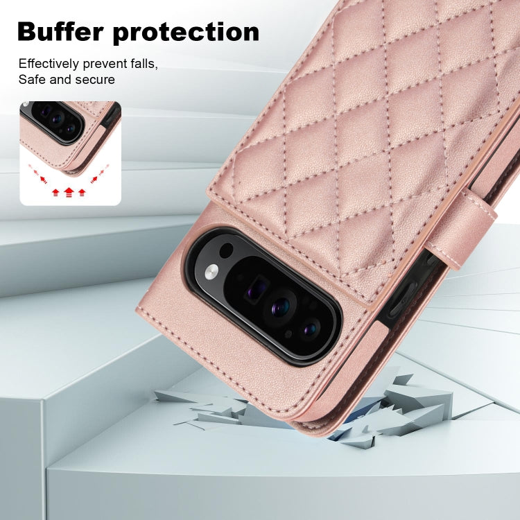 For Google Pixel 9 Pro XL Crossbody Multifunction Rhombic Leather Phone Case(Rose Gold)