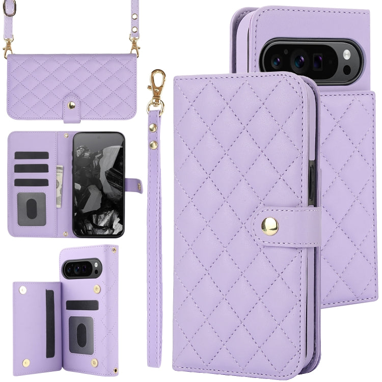 For Google Pixel 9 Pro XL Crossbody Multifunction Rhombic Leather Phone Case(Purple)