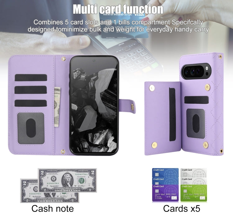 For Google Pixel 9 Pro XL Crossbody Multifunction Rhombic Leather Phone Case(Purple)