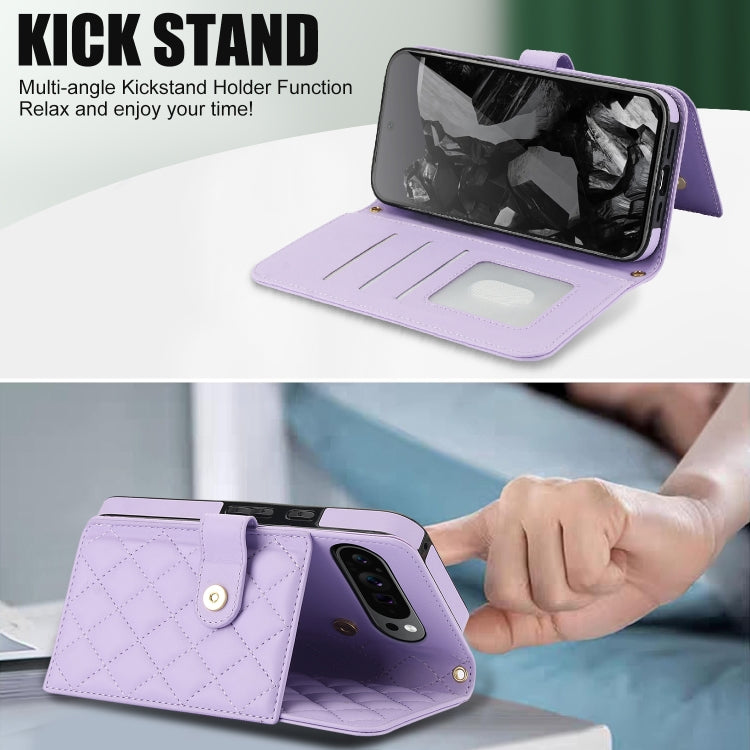 For Google Pixel 9 Pro XL Crossbody Multifunction Rhombic Leather Phone Case(Purple)