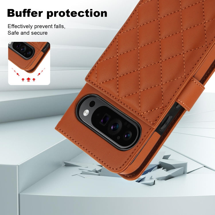 For Google Pixel 9 Pro XL Crossbody Multifunction Rhombic Leather Phone Case(Brown)